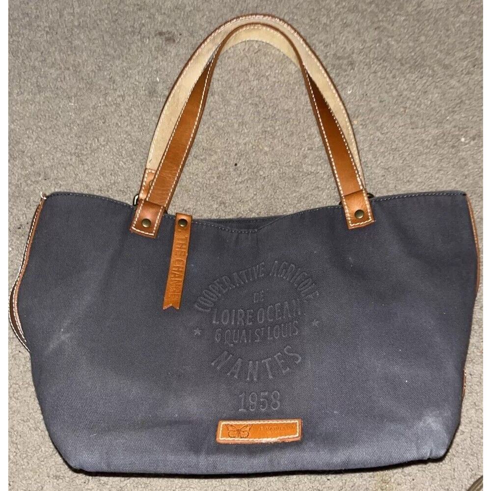 Le Papillon Black Canvas Brown Leather Double Handle Shoulder Strap Tote Bag